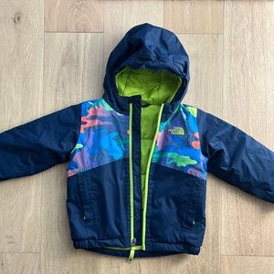 The North Face navy winter coat with rainbow camo 3T